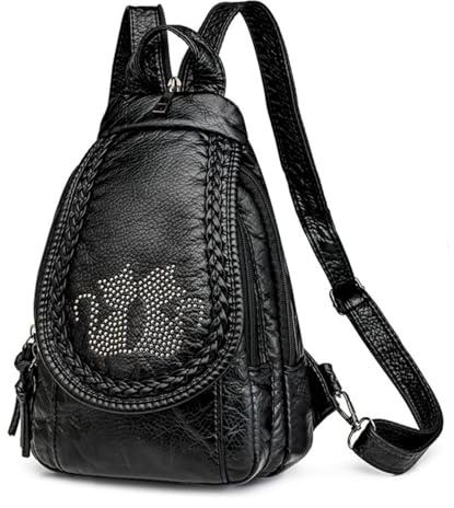 hengwin Kleiner Rucksack für Frauen PU Leder Convertible Damen Rucksacks Kleiner wasserdichter Rucksack Handtasche Reise Wandern Rucksacks mit mehreren Taschen Geräumige Fächer (schwarz)