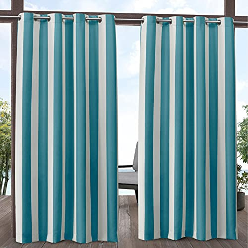 Exclusive Home Canopy Stripe Indoor/Outdoor Grommet Top Curtain Panel, 54x96, Teal / White, Set of 2
