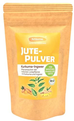 Poudre de jute avec curcuma et gingembre - Mélange de poudre de smoothie avec fer, vitamine K, calcium, vitamine E, vitamine C - Délicieux aussi comme trempette - Végétalien - Sans gluten - Sans