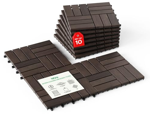 Idzo Interlocking Deck Tiles - 10PCS Waterproof Acacia Wood Patio Tiles, Flooring Tiles for Both Indoor and Outdoor - Decking Checker Pattern, 12 x 12 x 0.9 Inches, Dark Brown