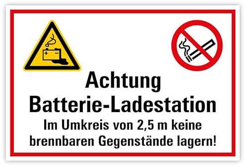 Aufkleber Warnung „Achtung Batterieladestation Im Umkreis von 2,5m...“ Hinweis Schild Folie selbstklebend | Größen wählbar Made in Germany, Größen Name: 20x30cm