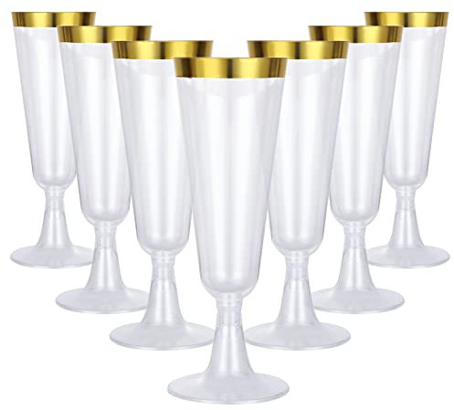JMIATRY 100 Pcs Plastic Champagne Flutes, 160ml/5.6oz Gold Champagne Flutes Reusable, Plastic Champagnes Glasses Great for Wedding, Christmas, Birthday Party and Daily Use