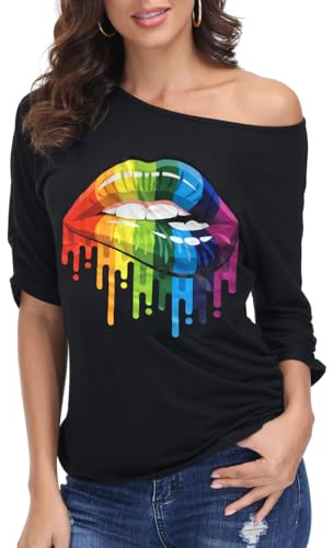 ELFIN Dam-t-shirt 80-talet fest-skjortor sexiga läppar tryck one-shoulder-skjorta kortärmad sommar topp casual blus toppar, Svarta läppar, XXL