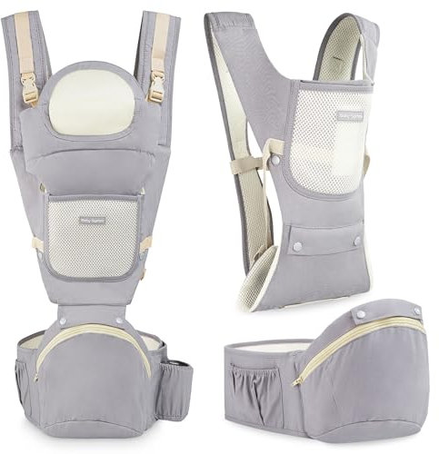 Moby-System AMY Porte Bébé Physiologique 10-en-1 - Portage 0-36 Mois, 15kg Max - Points d'Appui Épaules/Taille/Hanches - Coton Respirant, Position Ergonomique - Gris