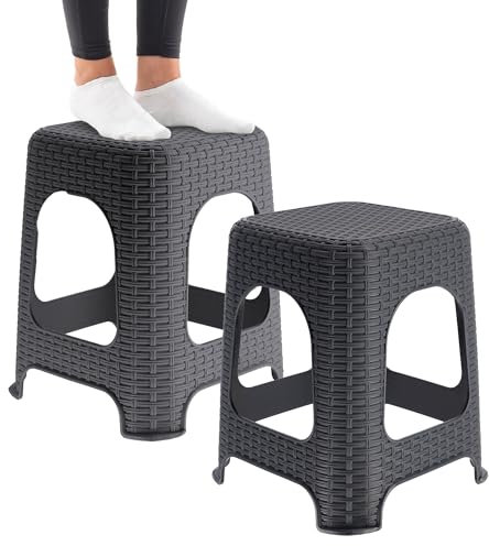 KADAX Hocker aus Kunststoff, Tritthocker bis 120 kg, Rattanhocker mit Antirutschfüßen, Badhocker, Wohnhocker, Leichter Sitzhocker, Gartenhocker, Schemel (2 x Set Anthrazit)