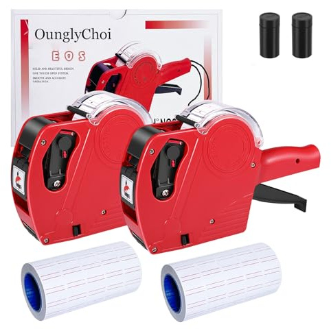 OunglyChoi 2 Packs Price Gun with 5000 Labels Red Pricing Label Gun Maker with Prices Labels & Ink Kit for Supermarket, Groceries, Stores, Office