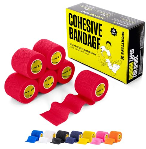 SPORTTAPE 6 Rolls Football Sock Tape, 5cm x 4.5m, Red - Self-Adhesive | Self-Adhesive Cohesive Bandage, Compression Wrap & Sports Stretch Tape for Ankles, Socks, Vet, Pet Wrap for Dogs, Horses