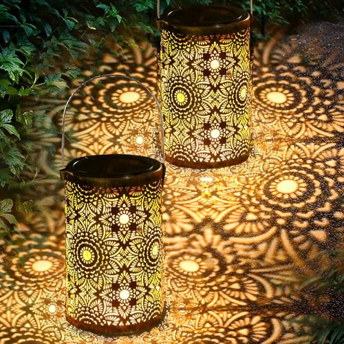 Solarlaterne für Außen Stehend,2 Stück Vintage Metall Solarlampen für Außen Hängend,Solar Laternen für Draußen,IP55 Wetterfest Solar Laterne Outdoor für Garten Baum Tisch Balkon Terrasse Rasen