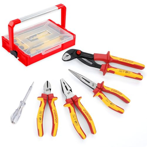 CRIPOP 4 tlg 1000V VDE-isolierter Elektro-Zangensatz, inkl. 190mm Kombizange, 165mm Seitenschneider, 210mm Langnase, 260mm Wasserpumpenzange & Spannungsprüfer mit Aufbewahrungsbox für Profis
