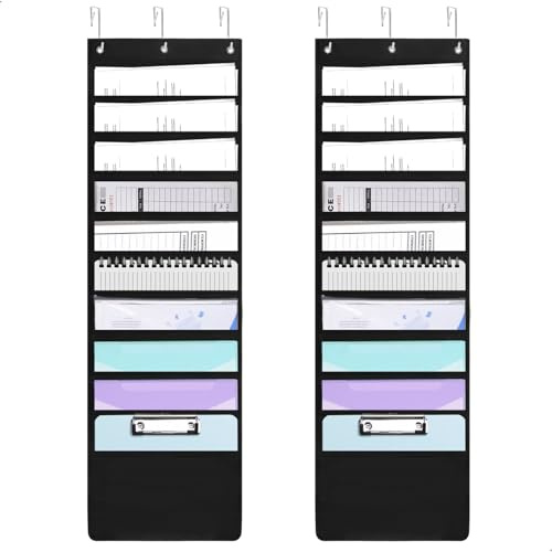 fuxunamz 2 Pezzi Portariviste da Parete, Porta Documenti da Parete, Organizer da Porta per Ufficio, Scuola o Casa 6 Ganci e 20 Ampie Tasche, Nero (119 x 36 cm)