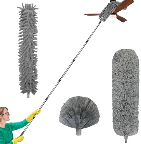 Plumero telescópico de 6 m, kit de eliminación de polvo con barra telescópica extensible ajustable de 1,5 ~ 4,9 m, cepillo para telaraña/cabezal de microfibra/cepillo de chenilla, para ventanas