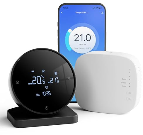 Vaconoff Thermostat Connecté a Pile Thermostat Chaudiere Gaz, sans Fil avec Un Récepteur, pour Chauffage à l'eau Au Sol, WiFi Intelligent Programmable,Compatible avec Tuya/Alexa/Google Assistant Noir