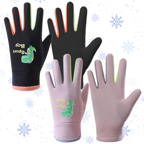 MLPKOI 2 Pairs Winter Gloves Kids Ski Gloves, Waterproof Dinosaur Pattern Winter Warm Kids Glovess, Full Fingers, Thermal, for Sports, Cycling, Running, Riding, Boys Girls 3-7 Years Old (Black & Pink)