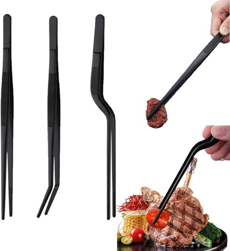 3 pinzette da cucina in acciaio inox, da 25 cm, adatte per la preparazione di bistecche, buffet, cuocere, grigliare e manipolare (nero) (nero 1)
