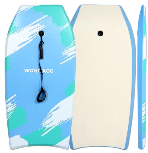 Bodyboard with Coiled Wrist Leash, Lightweight and Durable EPS Core Bodyboards for Beach, 41 inch, Blue