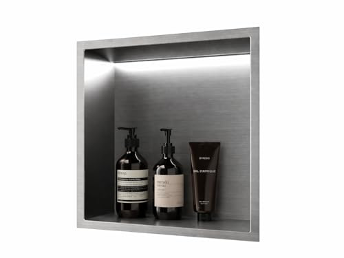 MEDIMEX Hornacina Ducha Empotrable con LED 33x33 cm Acero Inoxidable 304 | Almacenaje integrado para productos de ducha, mantiene el baño ordenado y todo al alcance - Serie Indic