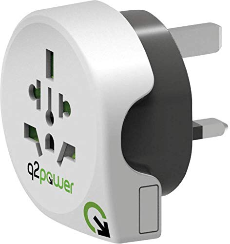Q2 Power | World to United Kingdom | Universell reseadapter med jordningskontakt | Kid Safe Stötskydd | Spänning och effekt 100 V-1 300 W/250 V-3250 W