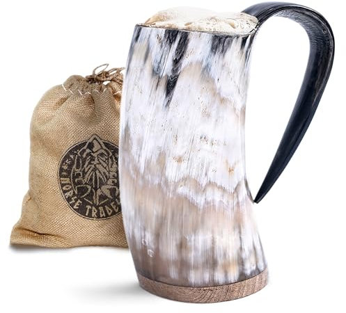 Norse Tradesman Tazza in corno per bere originale LG Viking - Boccale in corno di birra autentico al 100% con base in palissandro e sacco regalo in iuta | L'originale, lucidato, ca.500 mls,