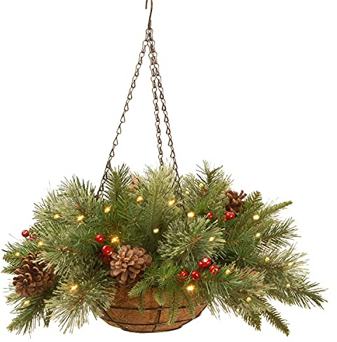 National Tree Company 20 in Pre-Lit Colonial Fir Artificial Christmas Hanging Basket, Christmas Decoration with Pinecones, Red Berries, 50 Clear LED Lights, 108 Tips, Timer, Green