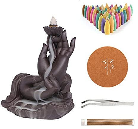 YYW Incense Waterfall Hand Shape Backflow Incense Burner Incense Cone Incense Sticks Set, 1 Incense Holder + 20 Cones + 30 Incense Sticks + 1 Pad+ 1 Tweezer