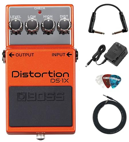 Boss DS-1X Distortion Bundle with Gearlux Power Supply, Instrument Cable, Patch Cable, and Picks