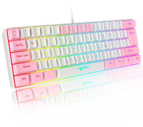 60% Wired RGB Gaming Keyboard 61 Keys Portable Keyboard with 11 RGB Light Floating ABS Keycap Full Anti-Ghosting Keys Mechanical USB Feel for PC Windows White Pink