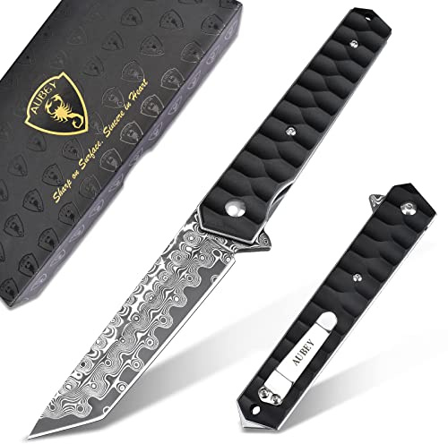 AUBEY Damascus Pocket Knife with Clip, Tanto Blade Damascus Steel Folding Knives for Men Tactical, Aluminum Handle with Glass Breaker for EDC Camping Gift