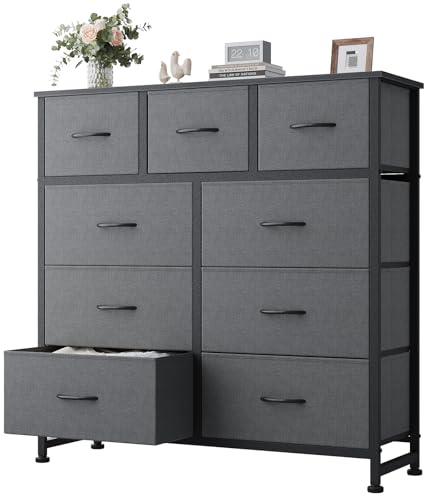 DUMOS Dresser for Bedroom, Dressers & Chests of Drawers Dresser Organizer, Wood Top Table Furniture with 9 Fabric Storage Tower Unit, Chest of Drawers for Closet, Living Room, Hallway, Porch