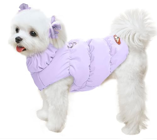 ABRRLO Winter Warm Dog Jacket for Small Medium Dogs Cat Cold Weather Coats with Harness Paded Dogs Fleece Vest Waterproof Windproof Dog Snow Jacket Pet Puppy Clothes (Purple,S)