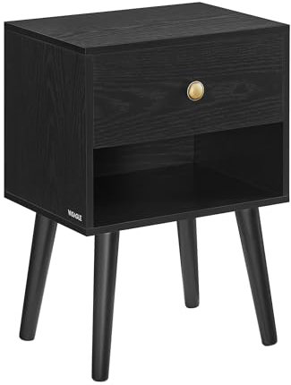 VASAGLE Nachttisch, Beistelltisch mit Schublade und offener Ablage, Holzbeine, Couchtisch für Wohnzimmer, Schlafzimmer, Sofa, ebenholzschwarz LET655B56