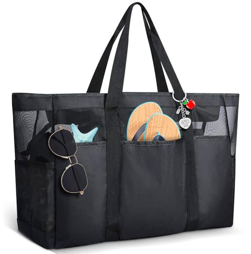 Forhome Borsa Da Spiaggia In Rete XXL Per La Famiglia Con Cerniera, Borsa Da Donna Grande In Rete, Borsa A Tracolla Pieghevole, Borsa Da Bagno, Nero