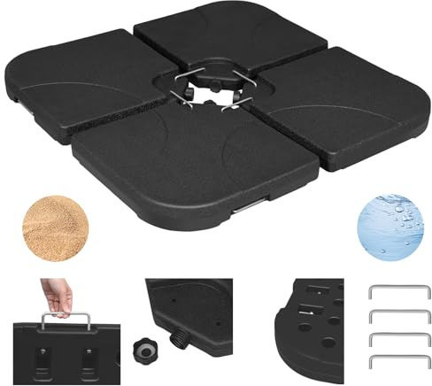 WOLTU Pied de Parasol 4 Pièces, Poids pour Parasol Croix de Sol, 60 L/80 kg, à Remplir d'eau ou de Sable, avec Connecteurs Métalliques, en Plastique, Carré, Noir