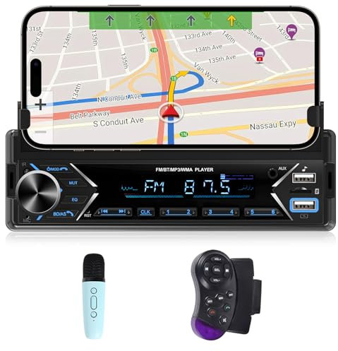 NHOPEEW Autoradio 1 Din con Bluetooth - Lettore MP3 Supporto per telefono - Doppia porta USB/TF Card/Radio FM/Ingresso AUX/Comando al volante/Pulsanti luminosi + microfono wireless