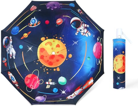 Decalsweet Kids Travel Folding Umbrella,Strong Windproof Automatic Compact Umbrella with Reflective Strips,UV Protection Sun Umbrella for Boys Girls-Astronaut Planet