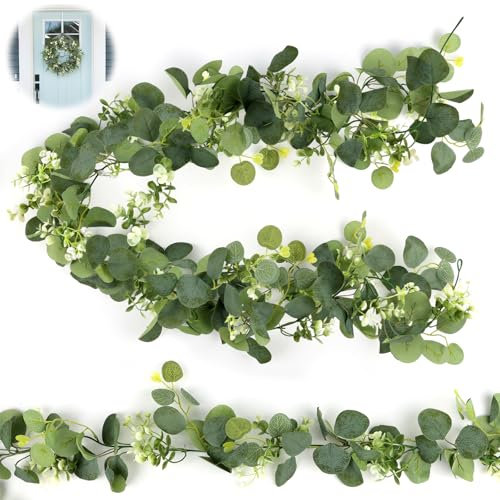 2 Stück Eukalyptus Girlande 1.8m, Künstliche Girlanden Eukalyptus, Blumengirlande mit Weiße Blumen Blumen Girlande, Blätter Girlande, Künstliche Pflanze Girlande Grün, für Hochzeit Zuhause Deko