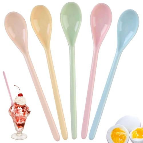 Lot de 5 cuillères longues en plastique de couleur, cuillères à œufs, cuillères à yaourt réutilisables, cuillères à soupe, cuillères à café, cuillères à glace, cuillères à dessert, cuillères à œufs en