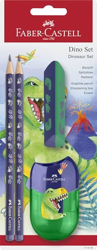 Faber-Castell 111519 - Set da scrittura Dino con matite HB, temperino e gomma, set scolastico per bambini