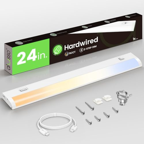 ALUSSO 24 Inch LED Under Cabinet Lighting Hardwired 120V, 5CCT Color Selectable 2700K-5000K Dimmable 15W 1200LM High Brightness, CRI 90+ Strip Linkable Under Counter Lights for Kitchen Sink, 1 Pack