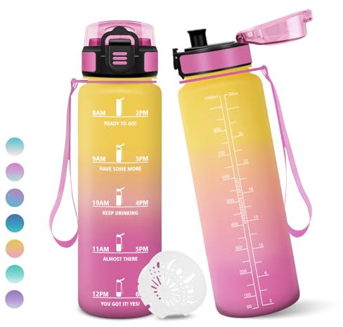 Gourde, 1000ML Sans BPA, Gourde sport, Avec Horodatage, Bouteille, Conception de Verrouillage Anti-Fuite, Bouteille Plastique pour bureau, En cours d'exécution, Escalader Des Montagnes - Jaune&rose