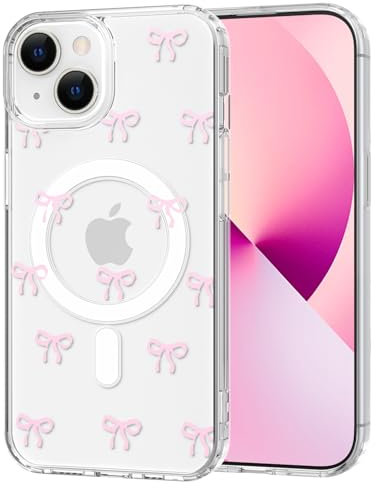 TVVTPU Magnetisch Hülle für iPhone 13 Kompatibel mit MagSafe, Aesthetic Schleifen Muster Handyhülle Nie Vergilbung Dünne Transparent Hard PC Rückseite Stoßfest Kratzfest Schutzhülle Case, Rosa