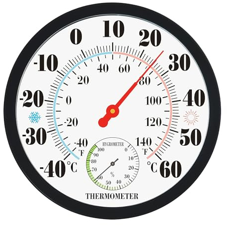WIYETY Termometro interno esterno: 25 cm, termometro a parete e igrometro, elevata precisione di misurazione, igrometro serra per case, serre, giardini