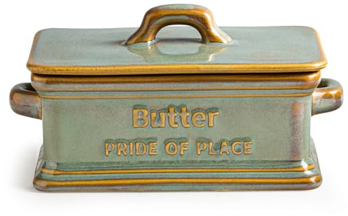Butter Dish with Lid, Ceramic Butter Holder Container Large Butter Dish for Countertop Farmhouse Decor for Mother's Day, Butter Keeper for East West Coast Butter, Green