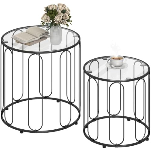 HOMCOM Round Coffee Table Set of 2 Glass Nest of Tables Black | Metal Frame, Glass Tabletop, for Living Room