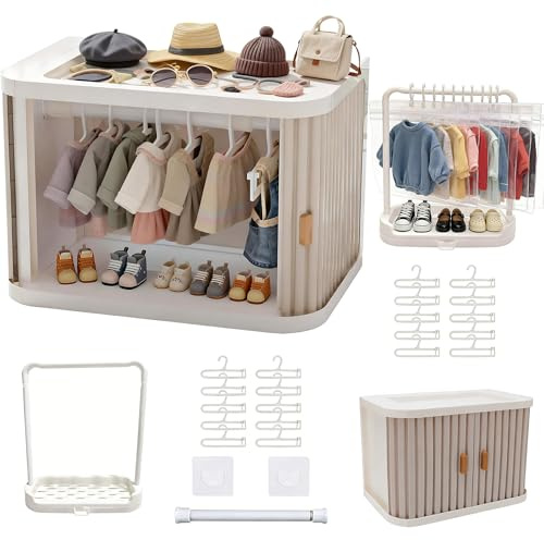Foldable Wardrobe Closet, Doll Clothes Storage Box with 20 Hangers, Display Shelf & Dust Cover - Stackable Cabinet for 15/17cm Doll Clothes & Accessories