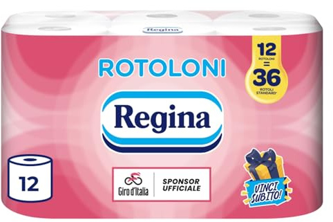 Rotoloni Regina - 12 Maxi Rotoli di Carta Igienica, 500 Fogli a 2 Veli, Lunghi Più del Doppio dei Normali Rotoli, Confezione 60% in Plastica Riciclata, Carta 100% Certificata FSC
