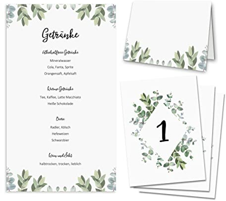 Bordsdekoration bröllopsset EUCALYPTUS (10 bordsnummer 50 platskort 10 menykort)