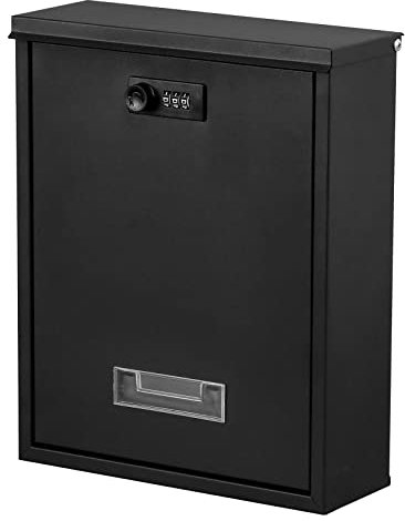 Dalmbox Locking Mailbox Wall Mount, Wall Mounted Mailbox with Combination Lock, Large Drop Box with Galvanized Steel Cover, Rust-Proof Metal Post Box, Black, 10.2” x 3.7” x 12.6”