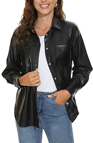 Fahsyee Women Faux Leather Shacket Moto Biker Shirts Loose Fit Blazer Long Sleeves Button Casual Jacket Plus Size S-XXL