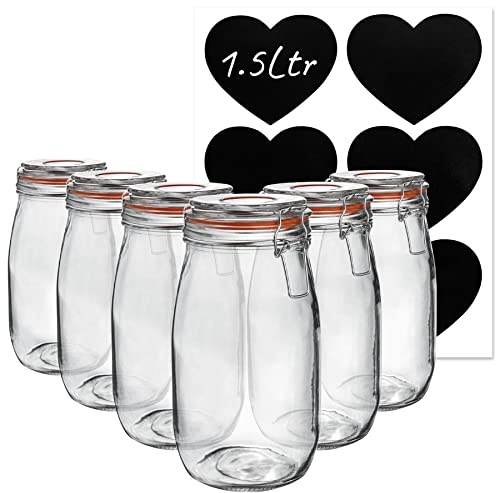 Argon Tableware Glass Storage Jars with Labels - Vintage Food Preserving Container - Clip Lid - 1.5 Litre - Orange, White, Clear & Black Seals - Pack of 6