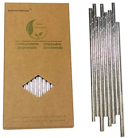 Biodegradable Silver Paper Straws, 7.75 inch Silver Foil Metallic Paper Drinking Straws Bluk (100 Pack)